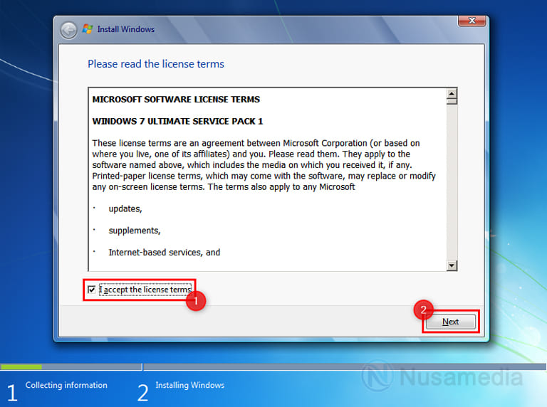centang I accept the license terms windows 7