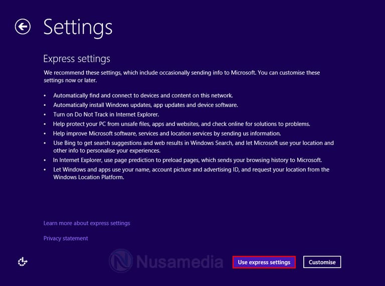 gunakan express settings windows 8