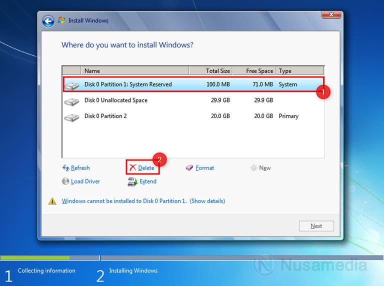 hapus partisi system windows 7