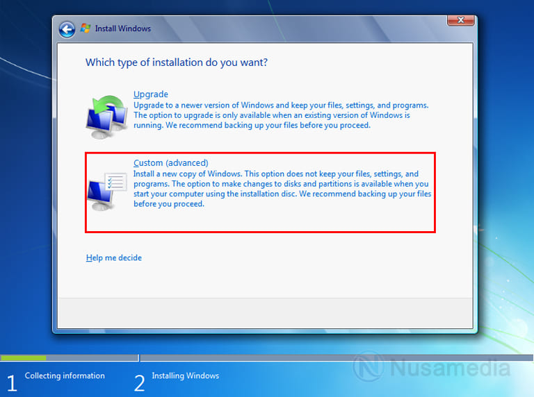 install custom advanced windows 7