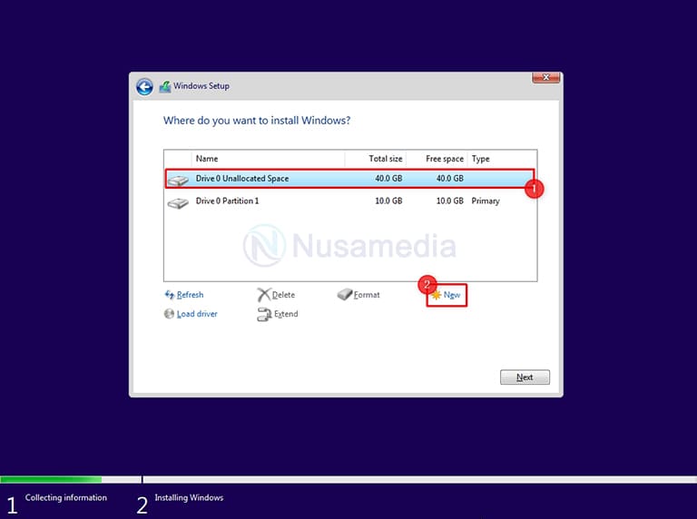 membuat partisi baru untuk instalasi windows 10