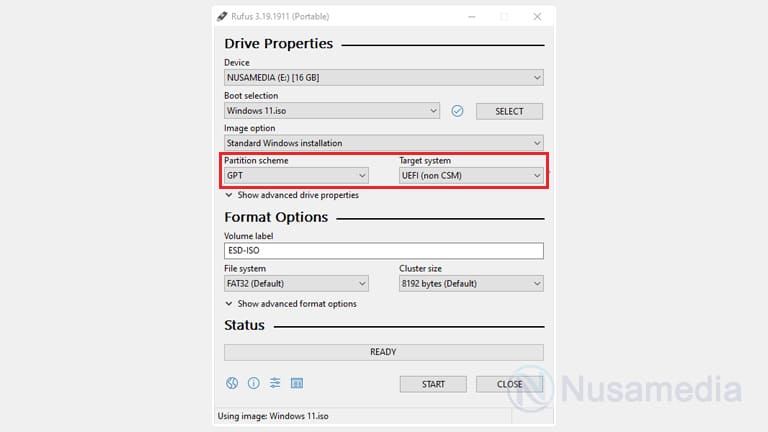 pilih partisi bootable flashdisk windows 11