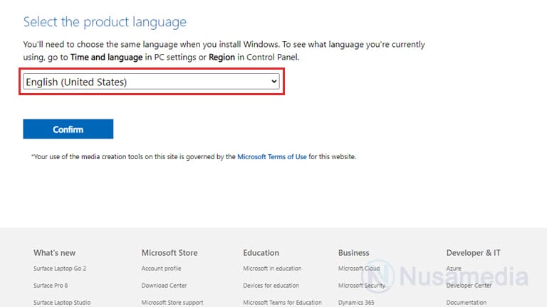 pilih produk language windows 10