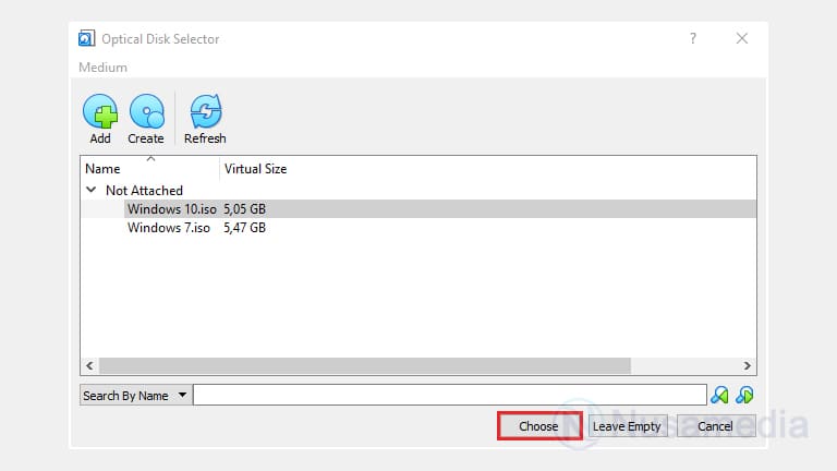 pilih file iso di virtualbox