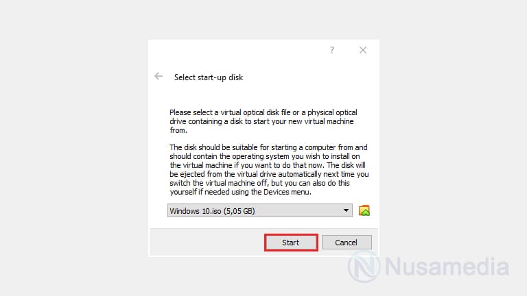 start untuk memulai instalasi os di virtualbox