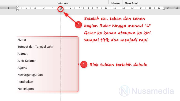 cara merapikan titik dua di word dengan ruler