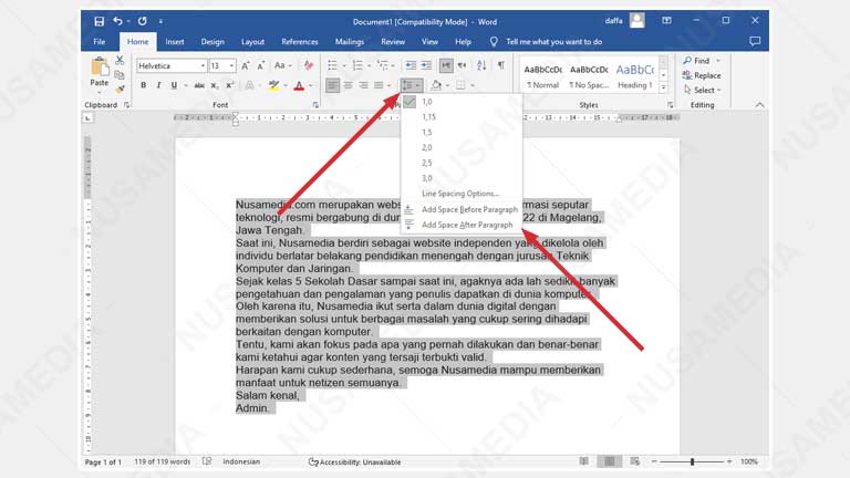 Atur jarak paragraf di Word