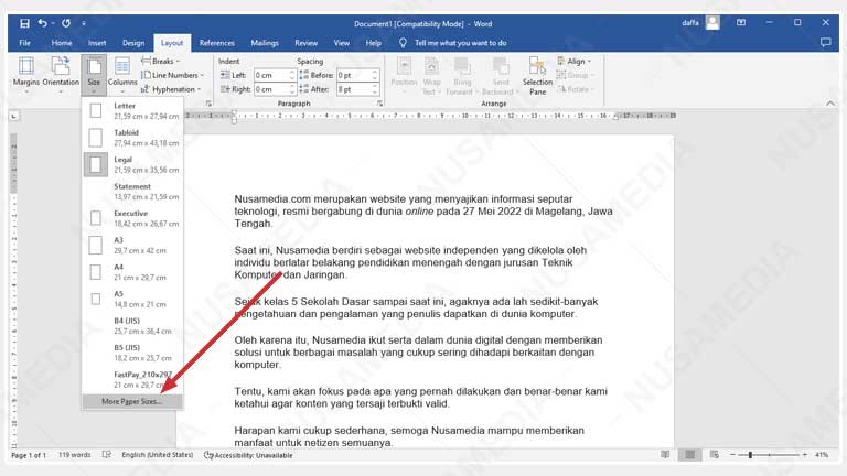 More Paper Size Word