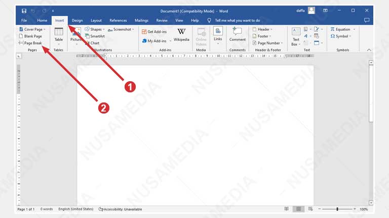 insert page break di word