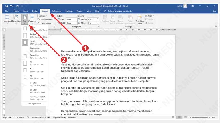 pengaturan Size kertas di Word