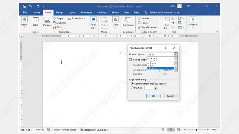 cara membuat nomor halaman romawi di word