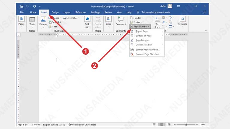 cara menambah nomor halaman di word