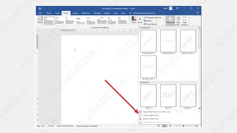 Custom Watermark di Word