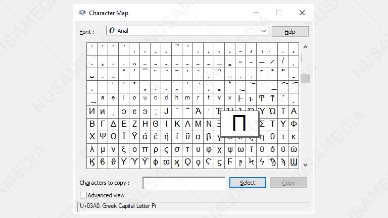 Simbol Pi di Character Map