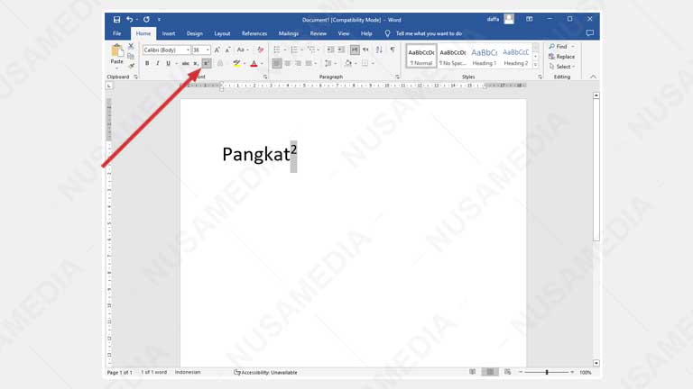 membuat pangkat atas di word