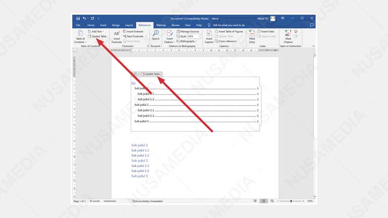 Update daftar isi di word